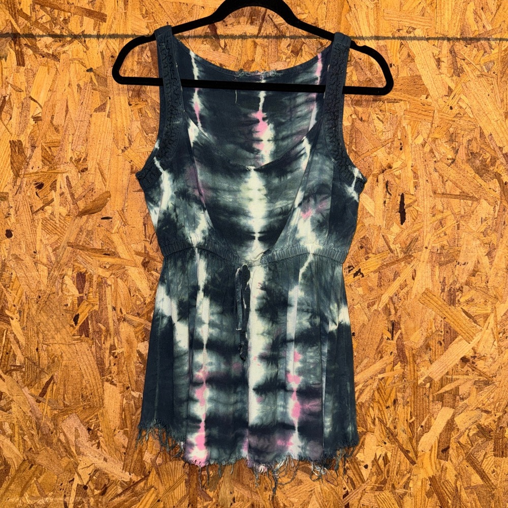 Blue Tie Dye Distressed Tank Top Frayed Hem Cinched Tie Waist‎ Festival Hippie S